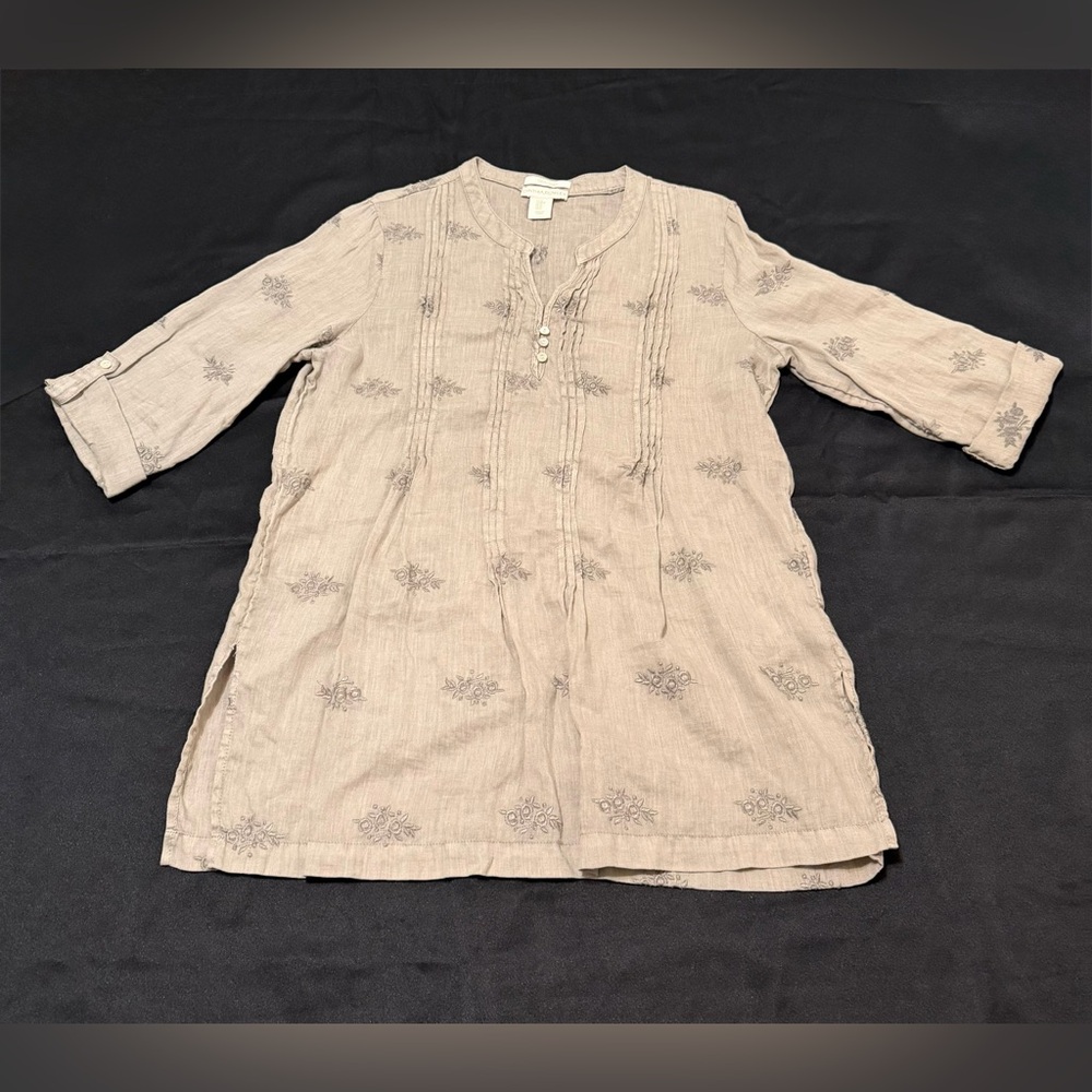 Cynthia Rowley NWOT Taupe Embroidered Linen Tunic Top M Boho Feminine